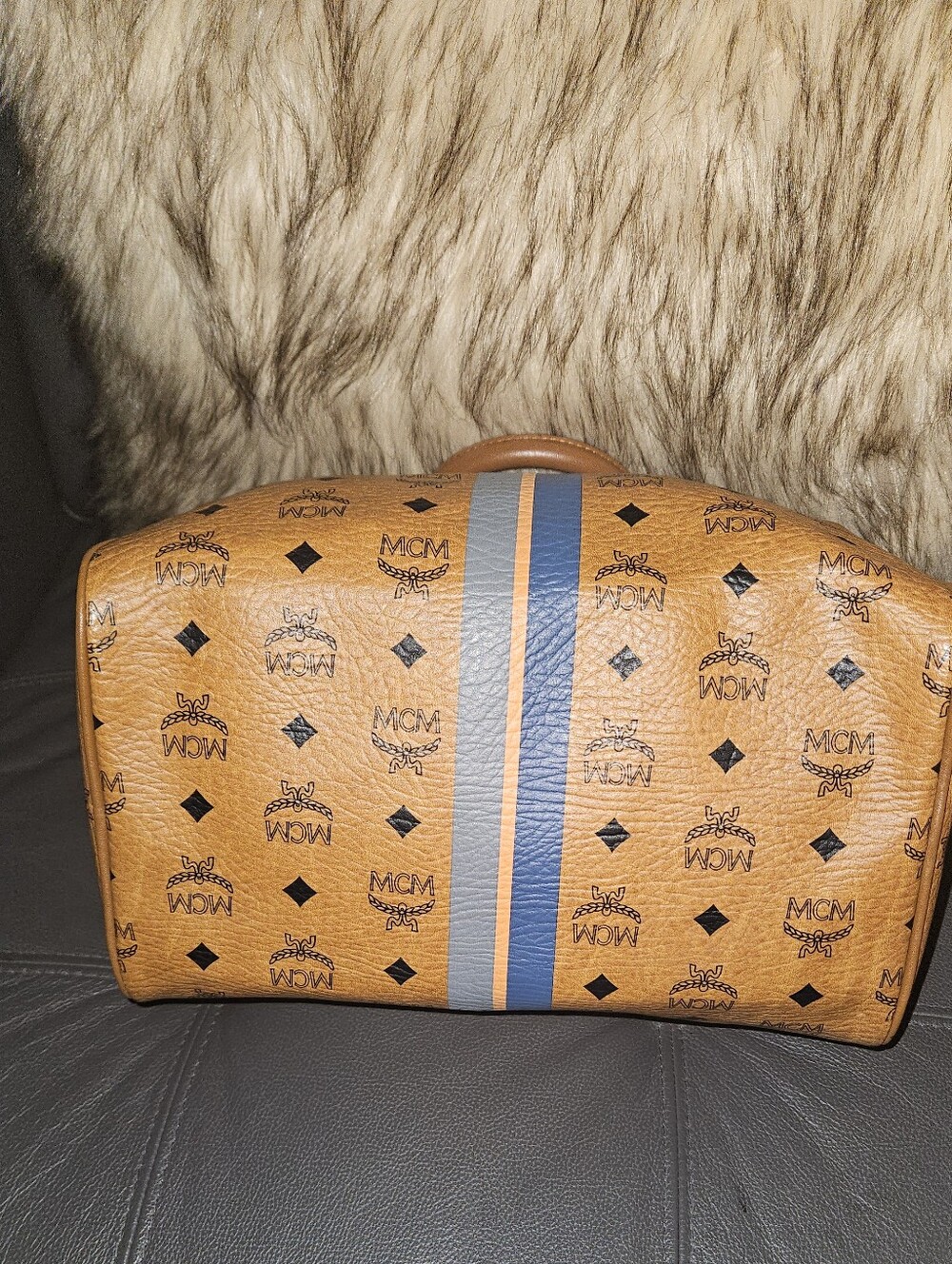MCM Cognac Visetos Boston Satchel with Blue Stripe - Picture 8 of 9